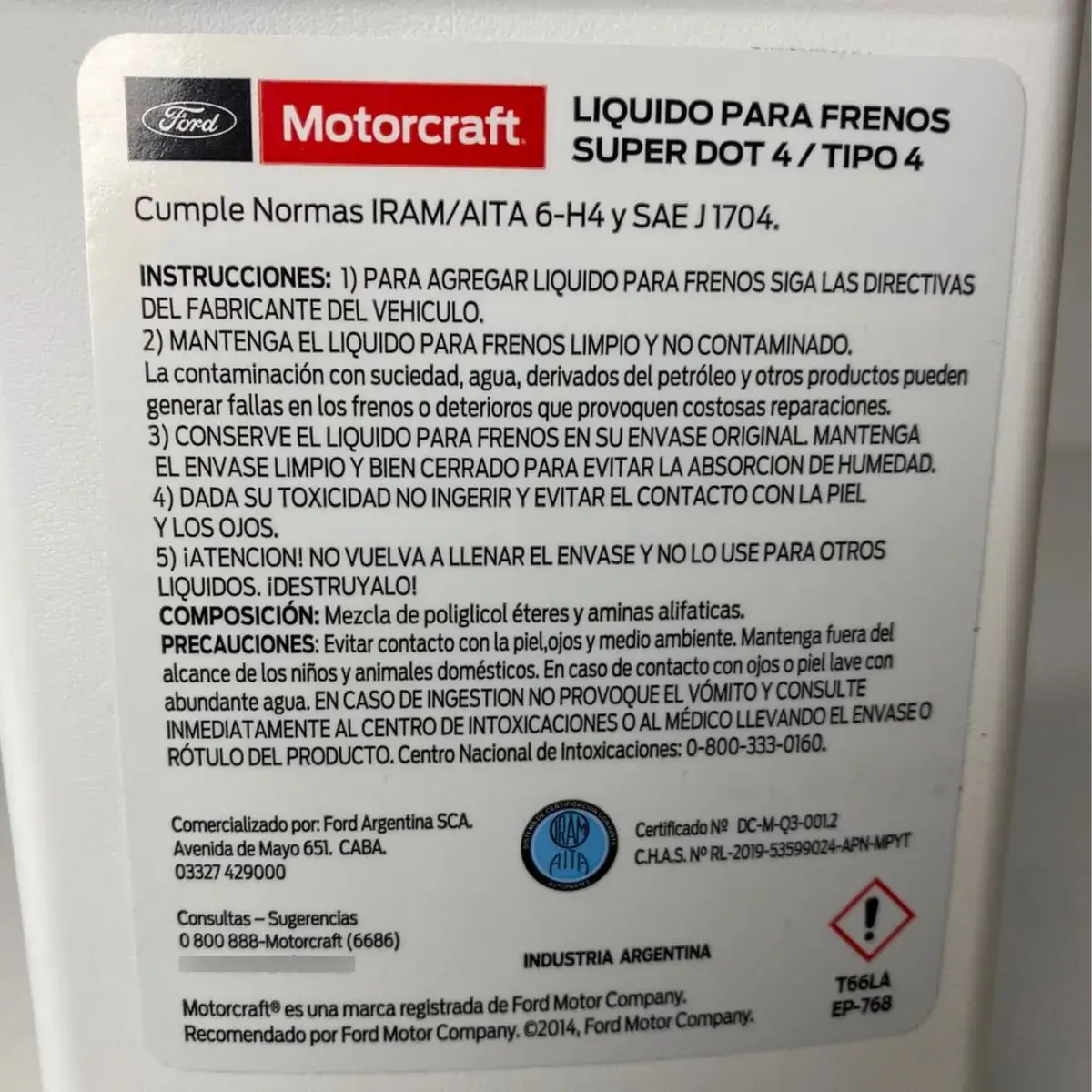 LÍQUIDO DE FRENO MOTORCRAFT – SUPER DOT 4 – 1 LITRO – ORIGINAL FORD CARACTERÍSTICAS DEL PRODUCTO: Producto: Líquido de freno hidráulico Norma: SUPER DOT 4 Capacidad: 1 litro Código: RBF/DOT4/MS/1 Marca: Motorcraft Estado: Nuevo y sellado Uso: Sistema de frenos hidráulicoLÍQUIDO DE FRENO MOTORCRAFT – SUPER DOT 4 – 1 LITRO – ORIGINAL FORD CARACTERÍSTICAS DEL PRODUCTO: Producto: Líquido de freno hidráulico Norma: SUPER DOT 4 Capacidad: 1 litro Código: RBF/DOT4/MS/1 Marca: Motorcraft Estado: Nuevo y sellado Uso: Sistema de frenos hidráulico