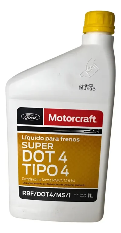 LÍQUIDO DE FRENO MOTORCRAFT – SUPER DOT 4 – 1 LITRO – ORIGINAL FORD CARACTERÍSTICAS DEL PRODUCTO: Producto: Líquido de freno hidráulico Norma: SUPER DOT 4 Capacidad: 1 litro Código: RBF/DOT4/MS/1 Marca: Motorcraft Estado: Nuevo y sellado Uso: Sistema de frenos hidráulico