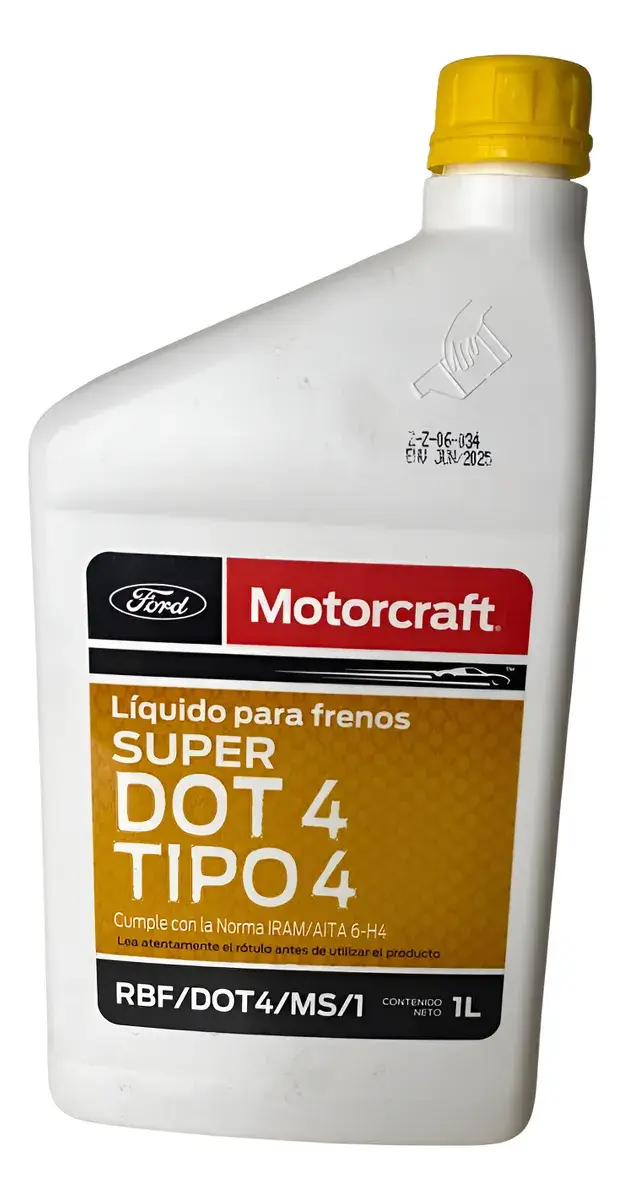 LÍQUIDO DE FRENO MOTORCRAFT – SUPER DOT 4 – 1 LITRO – ORIGINAL FORD CARACTERÍSTICAS DEL PRODUCTO: Producto: Líquido de freno hidráulico Norma: SUPER DOT 4 Capacidad: 1 litro Código: RBF/DOT4/MS/1 Marca: Motorcraft Estado: Nuevo y sellado Uso: Sistema de frenos hidráulico